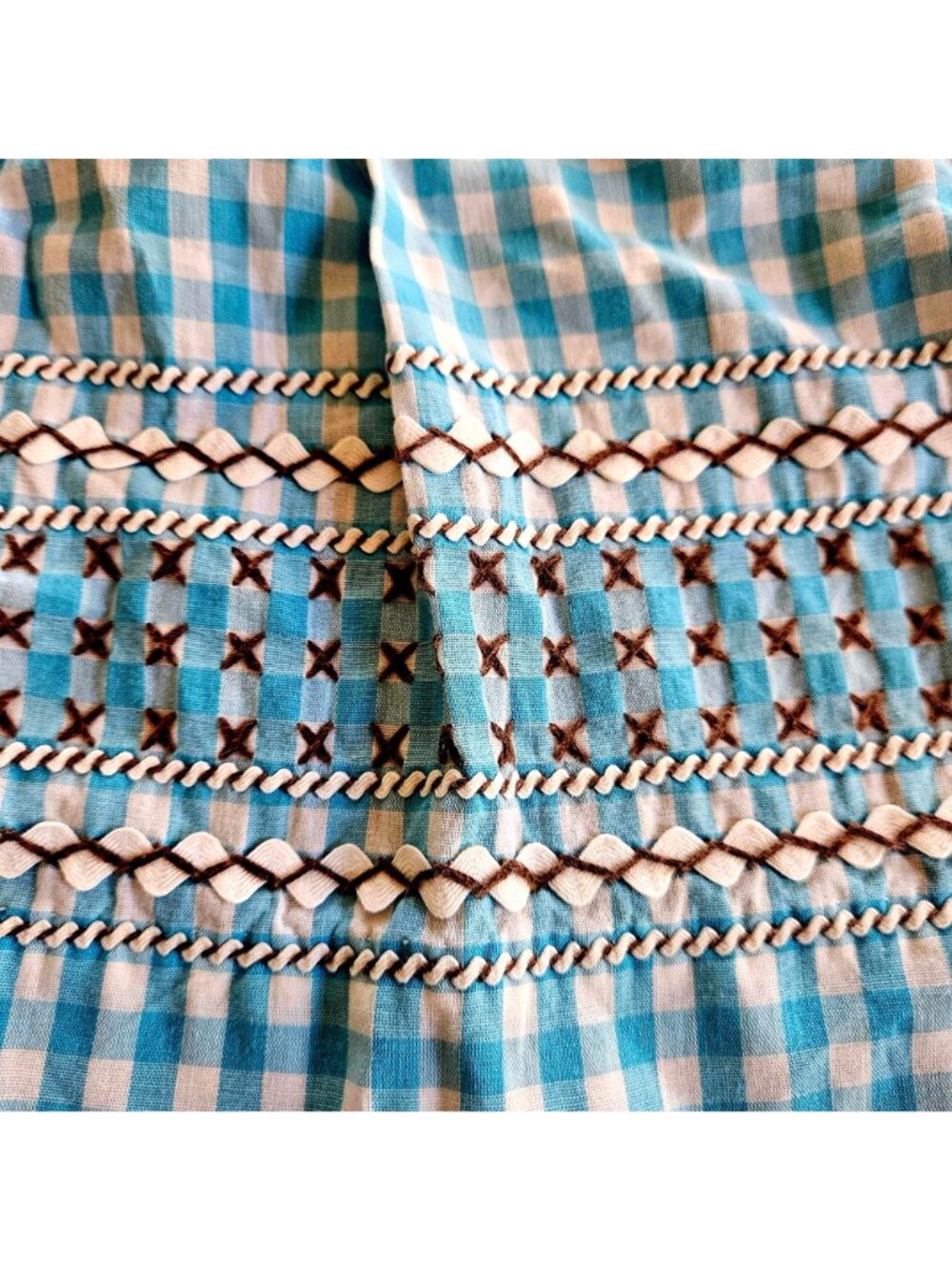 Vintage Handmade Turquoise Gingham Half Apron Hand Embroidery Rickrack Cotton - Picture 3 of 16